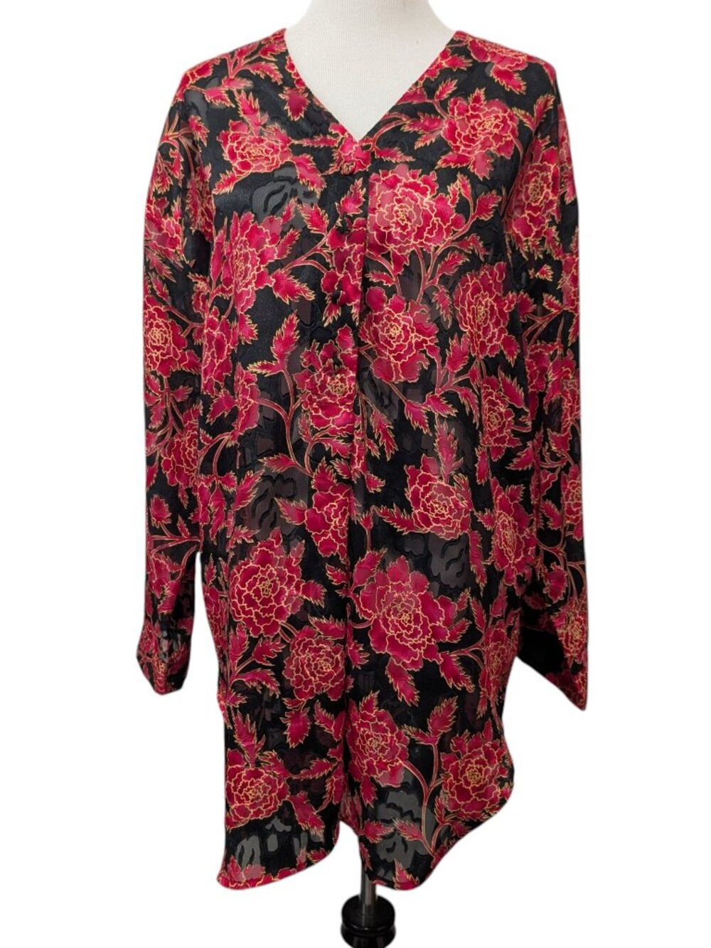 Victoria's Secret Vintage Womens Size L Black Red Floral Burnout Sleep Shirt Top